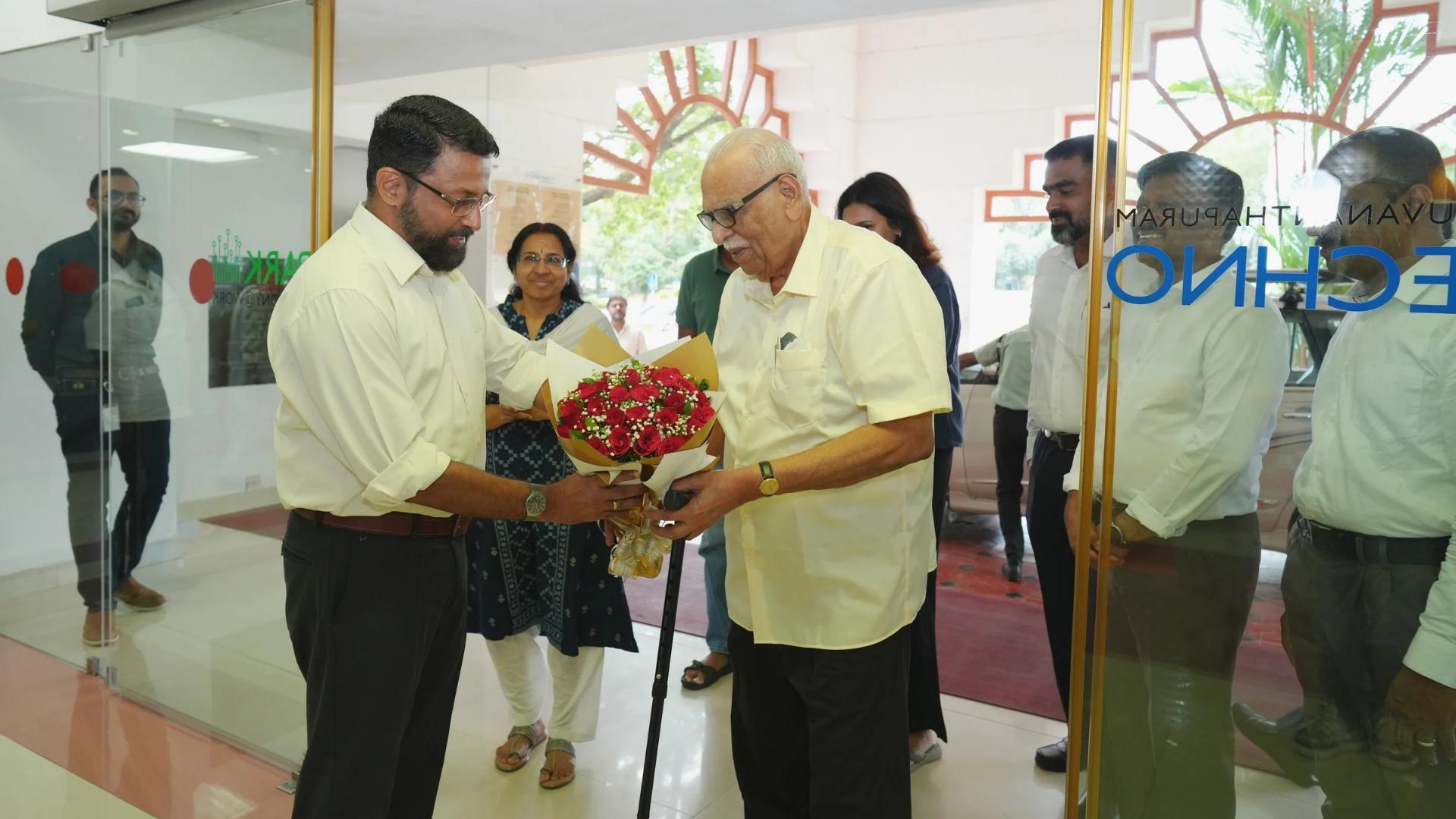 CEO Technopark welcoming Shri K. Madhavan Pillai, to the event, on the occasion of the IT park's 35th anniversary.